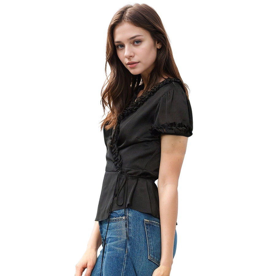 Women's Ruffle Trim Wrap Blouse In Black - shopatkonus