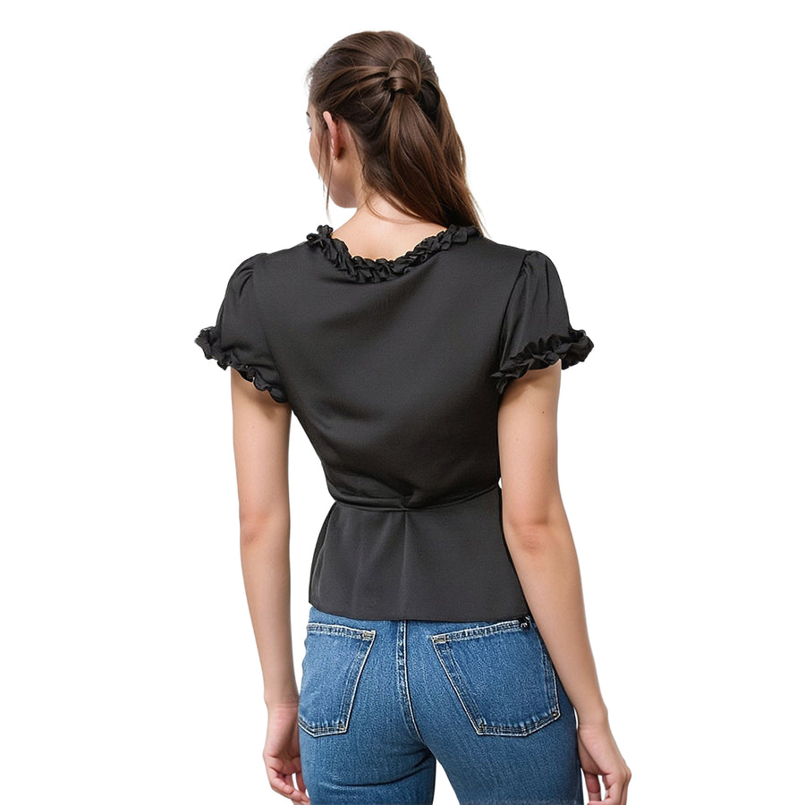 Women's Ruffle Trim Wrap Blouse In Black