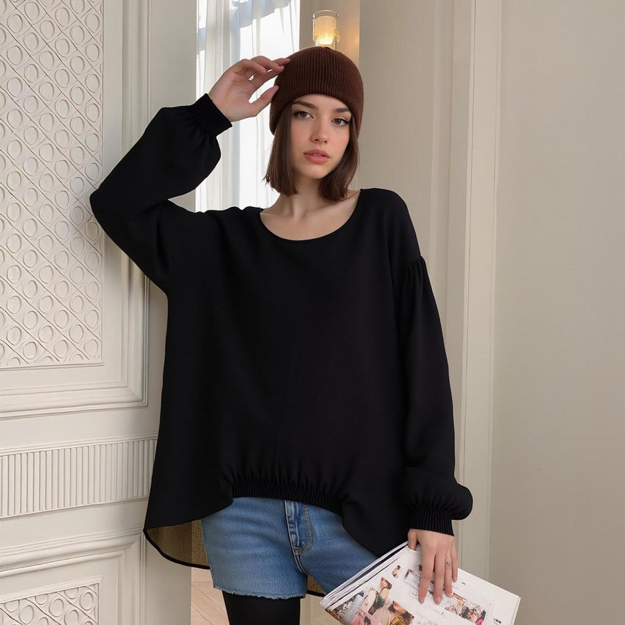 Pleione Women's Hi-lo Elastic Banded Hem Top in Black