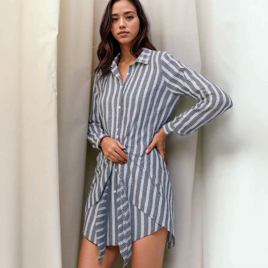Women's Lace Trim Wrapped Shirt Dress in Ditsy Gingham