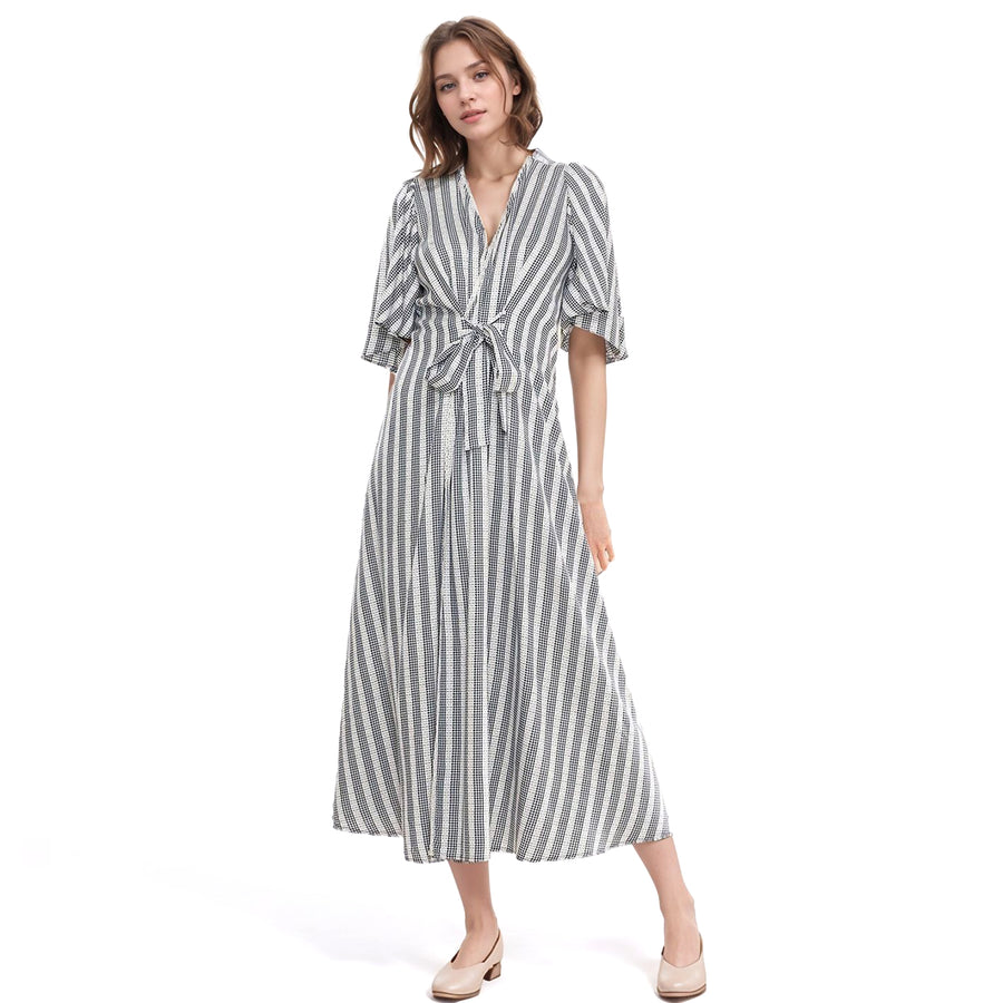 Women's Lace Trim Tie Front Maxi Dress in Ditsy Gingham