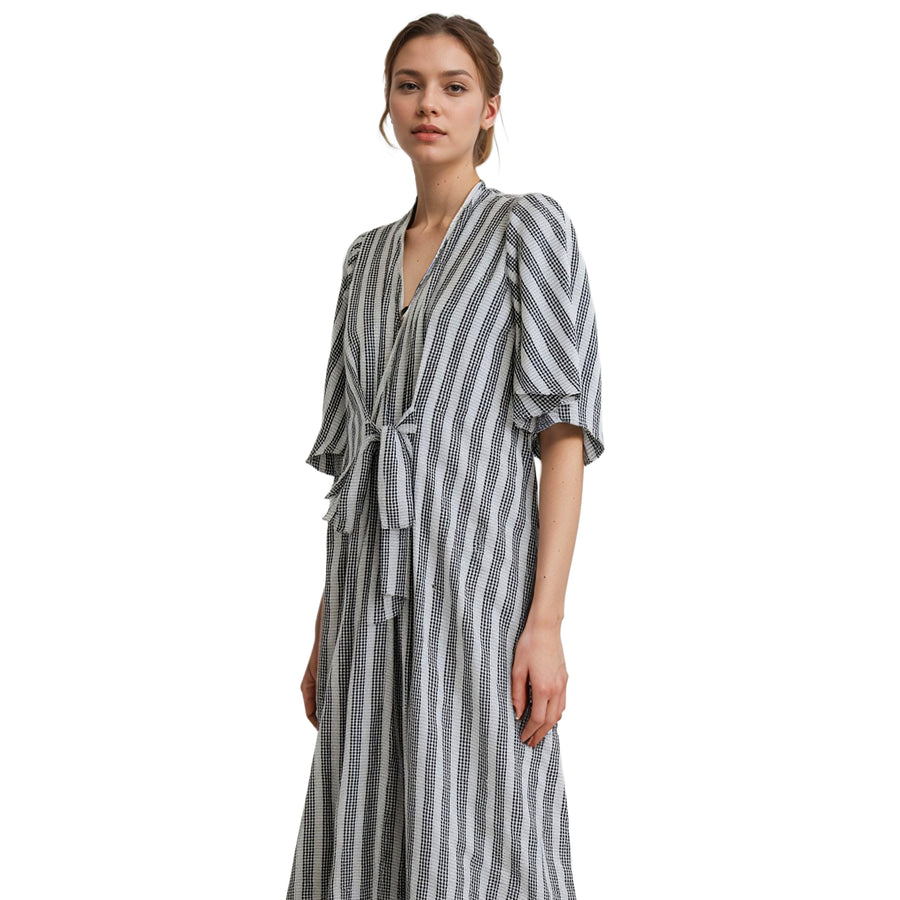 Women's Lace Trim Tie Front Maxi Dress in Ditsy Gingham