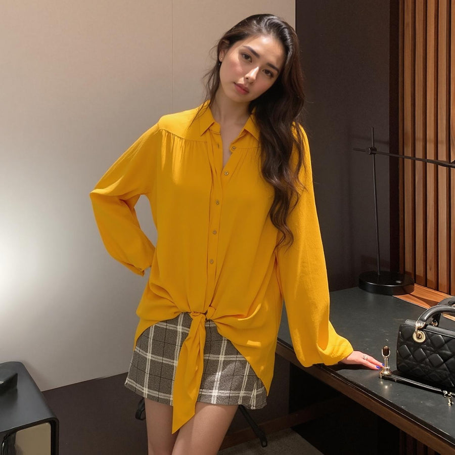 Pleione Women's Pleated Tie Hem Button Down Blouse - shopatkonus