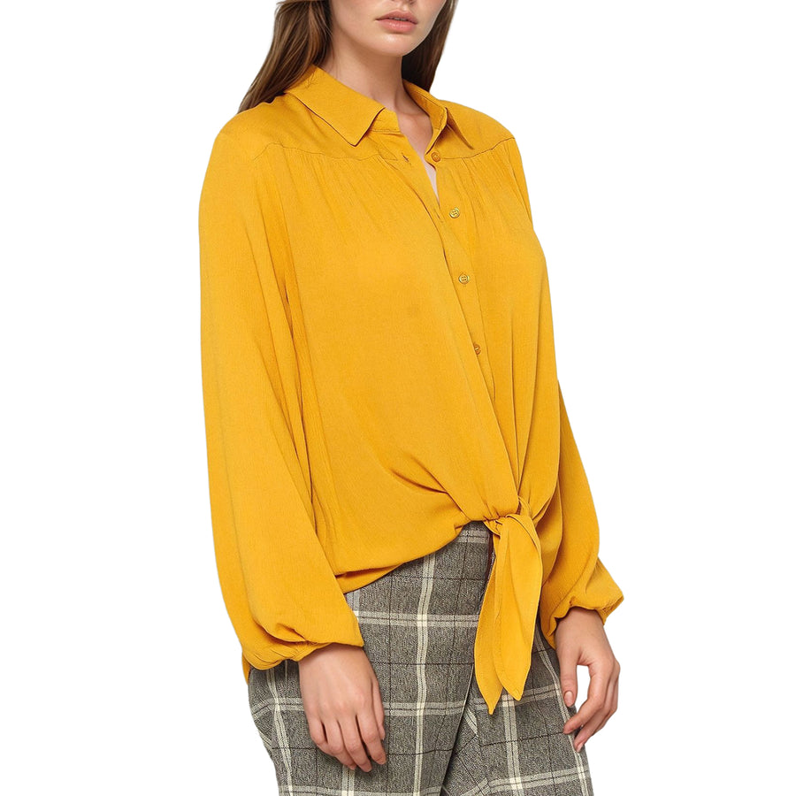 Pleione Women's Pleated Tie Hem Button Down Blouse