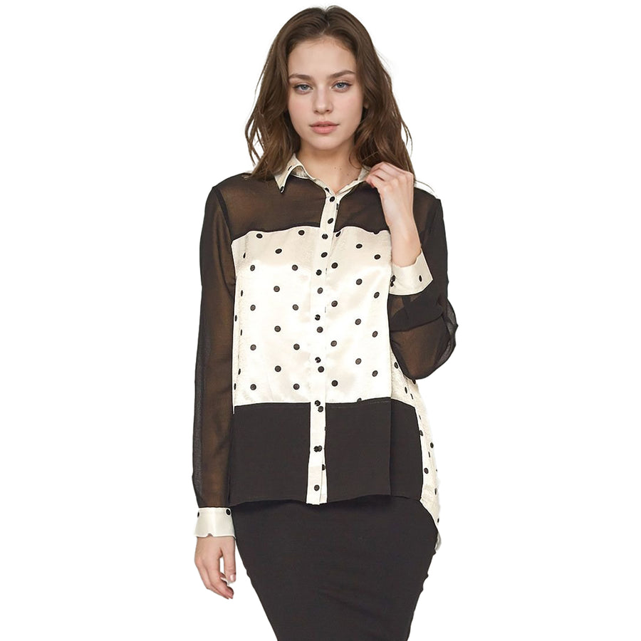 Pleione Polkadot Mesh Button Up Shirt Blouse In Black Ivory