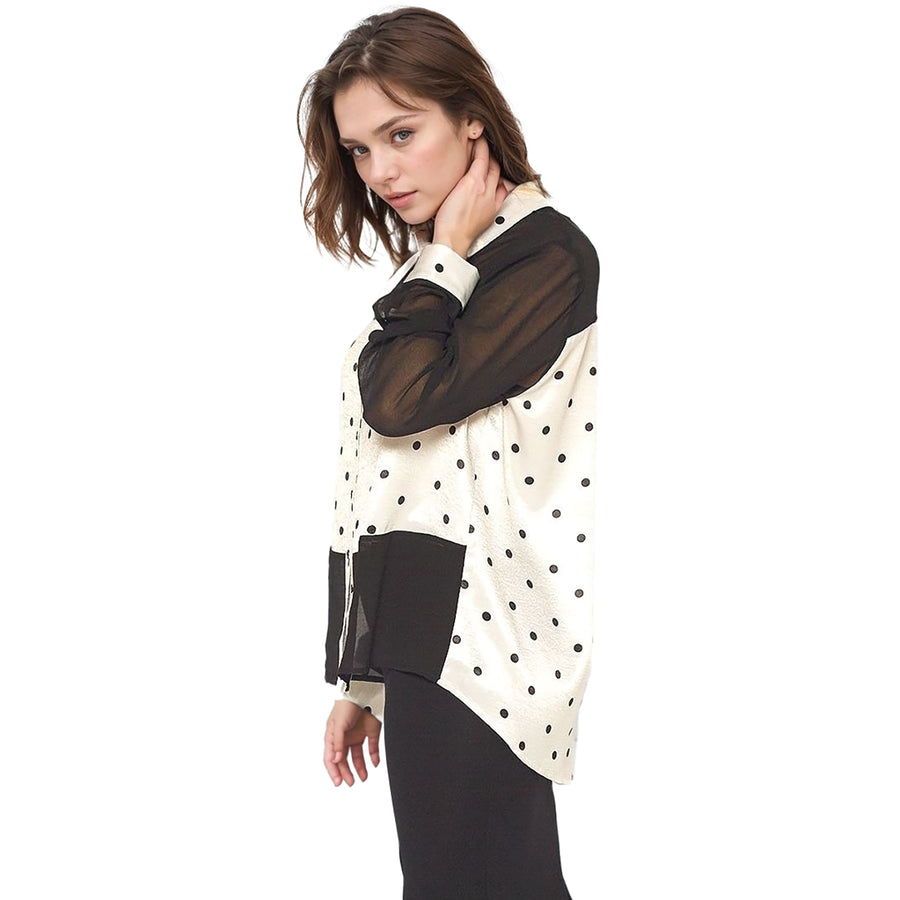 Pleione Polkadot Mesh Button Up Shirt Blouse In Black Ivory