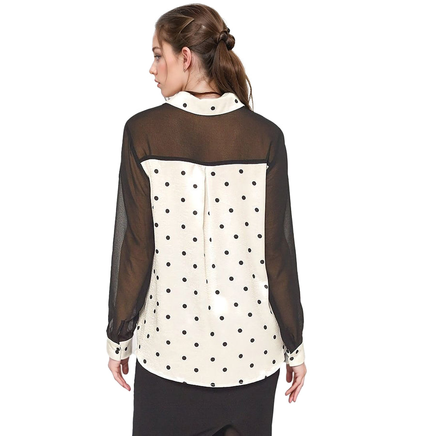 Pleione Polkadot Mesh Button Up Shirt Blouse In Black Ivory