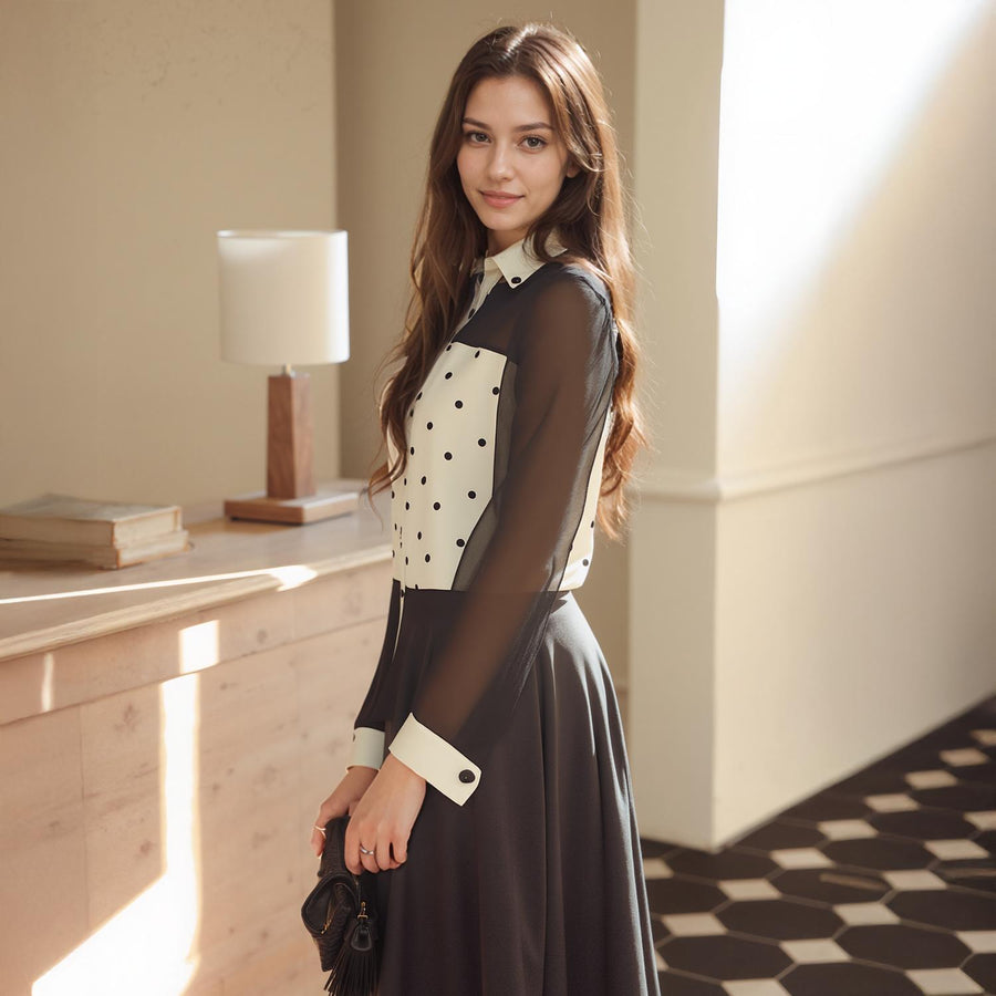 Pleione Polkadot Mesh Button Up Shirt Blouse In Black Ivory