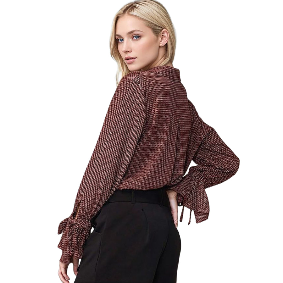 Pleione Women's Bell Cuff Button Down Shirt Blouse in Wallpaper