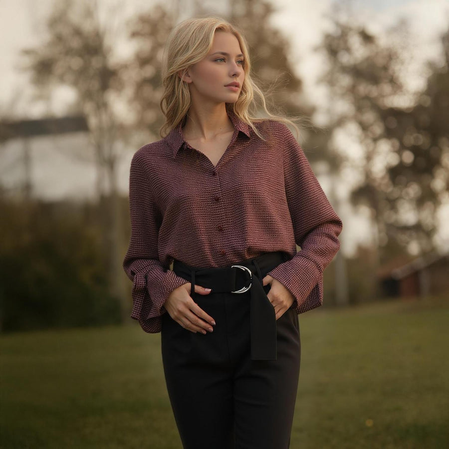 Pleione Women's Bell Cuff Button Down Shirt Blouse in Wallpaper - shopatkonus