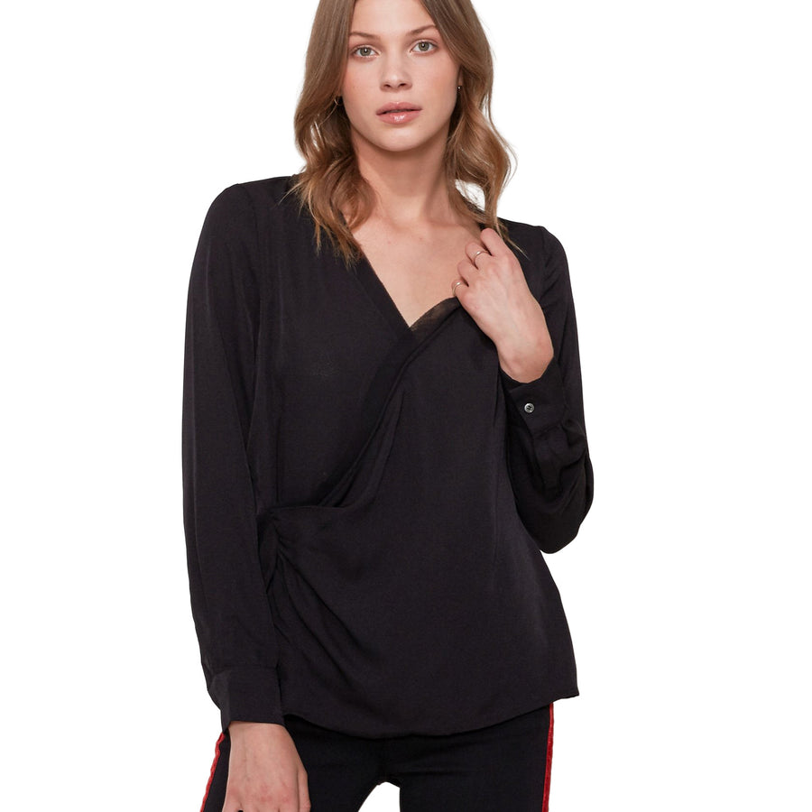 Women's V-Neck Surplice Blouse In Black - shopatkonus