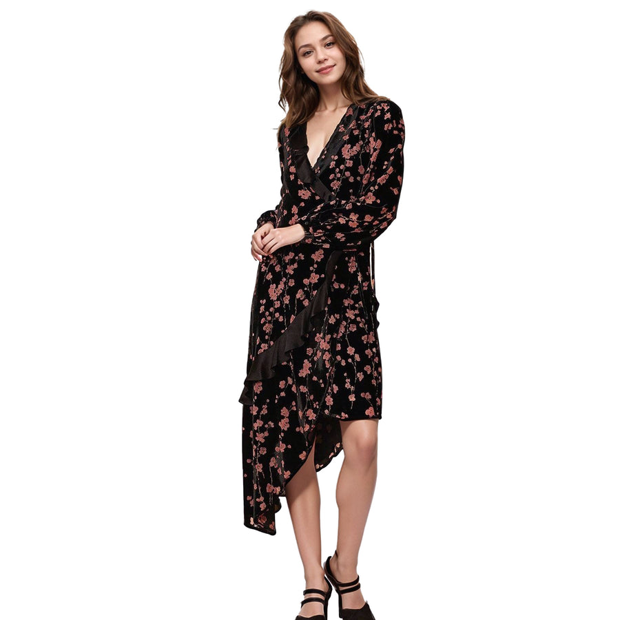 Women's Velvet Asymmetric Wrap Dress in Falling Floral