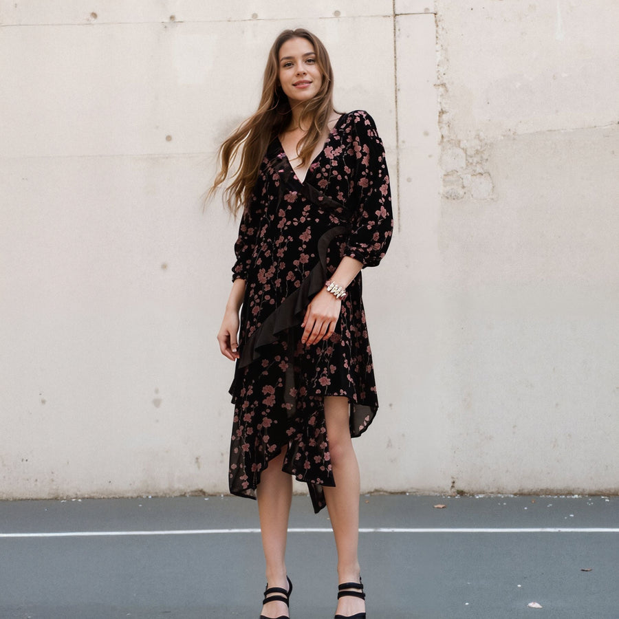 Women's Velvet Asymmetric Wrap Dress in Falling Floral