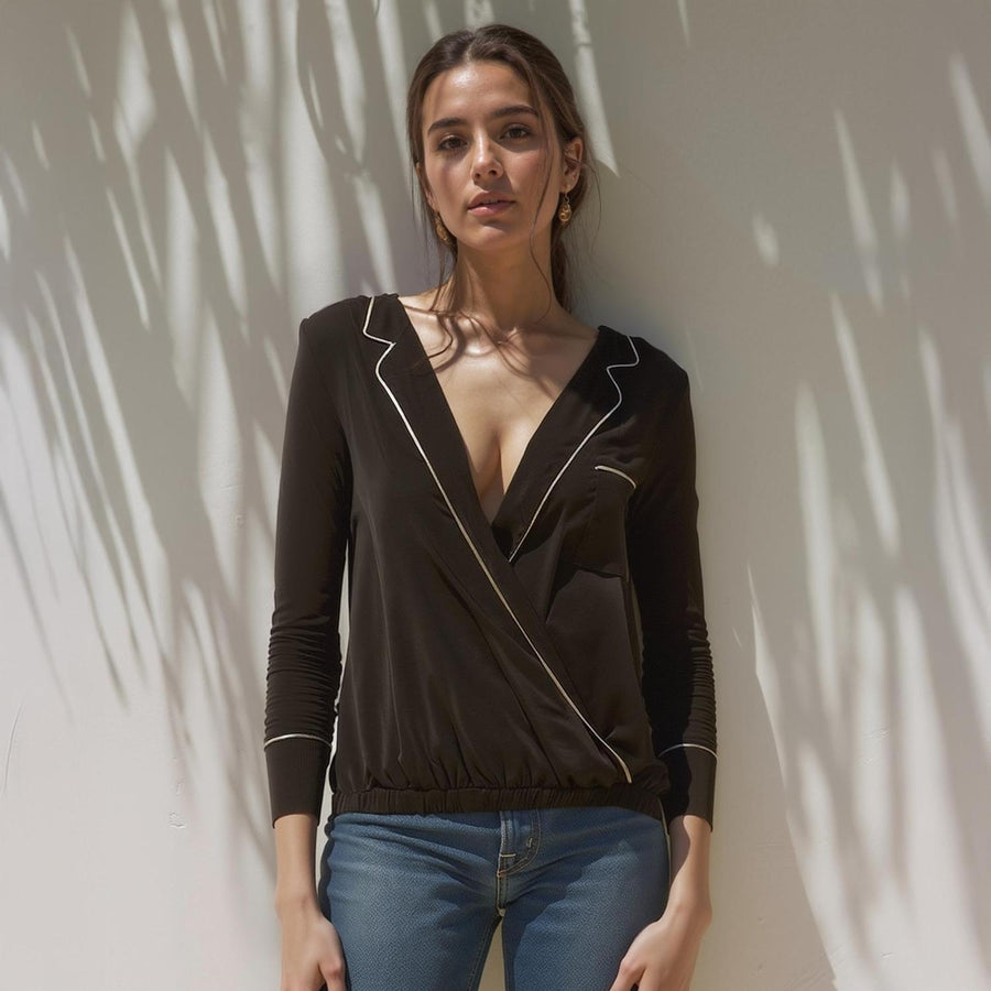 Pleione Women's V-neck Surplice Front Pajama Blouse in Black - shopatkonus