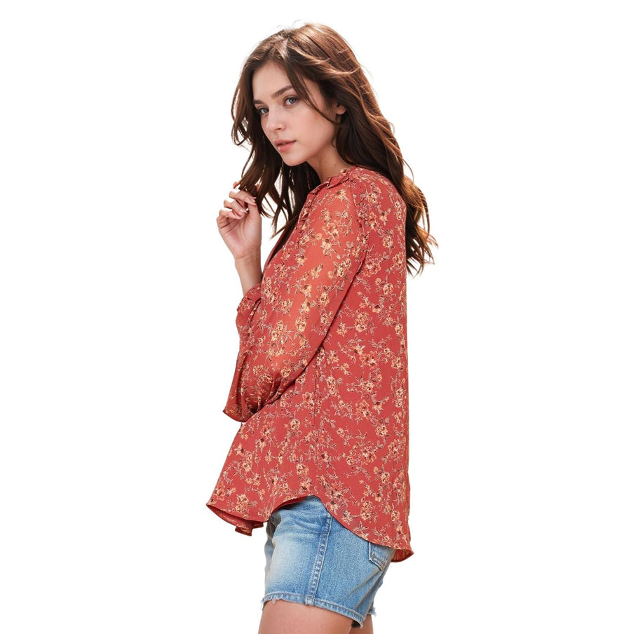 Pleione Long Sleeve Ruffle Blouse Top in Rust Floral