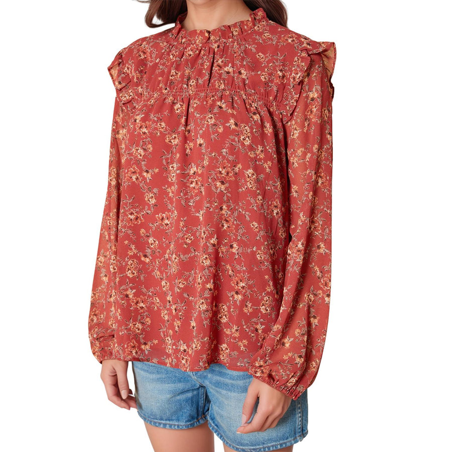 Pleione Long Sleeve Ruffle Blouse Top in Rust Floral - shopatkonus