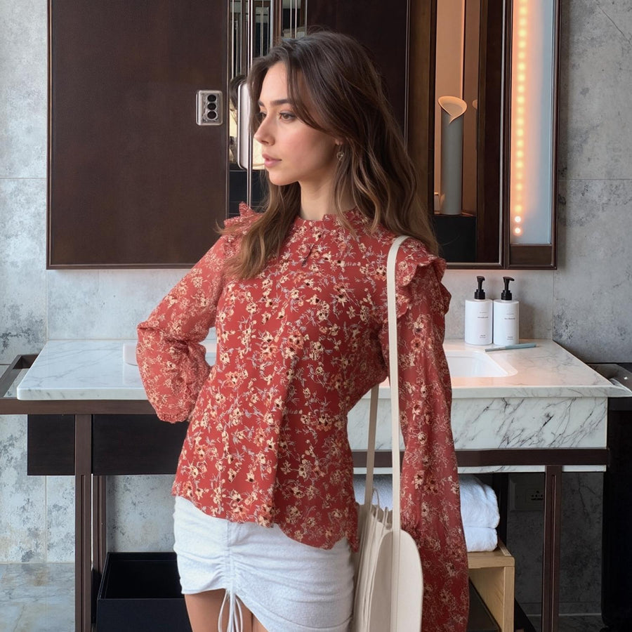 Pleione Long Sleeve Ruffle Blouse Top in Rust Floral - shopatkonus
