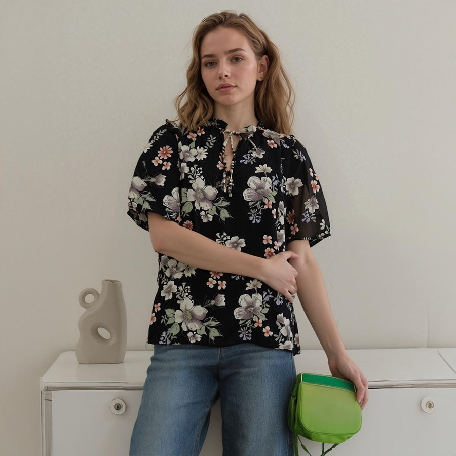 Pleione Ruffle Neck Puff Sleeve Top - shopatkonus