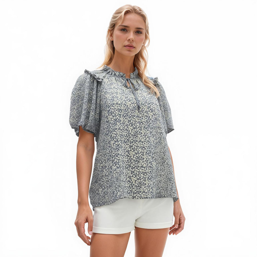 Pleione Ruffle Neck Puff Sleeve Top - shopatkonus