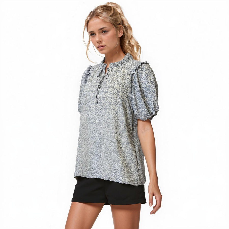 Pleione Ruffle Neck Puff Sleeve Top - shopatkonus