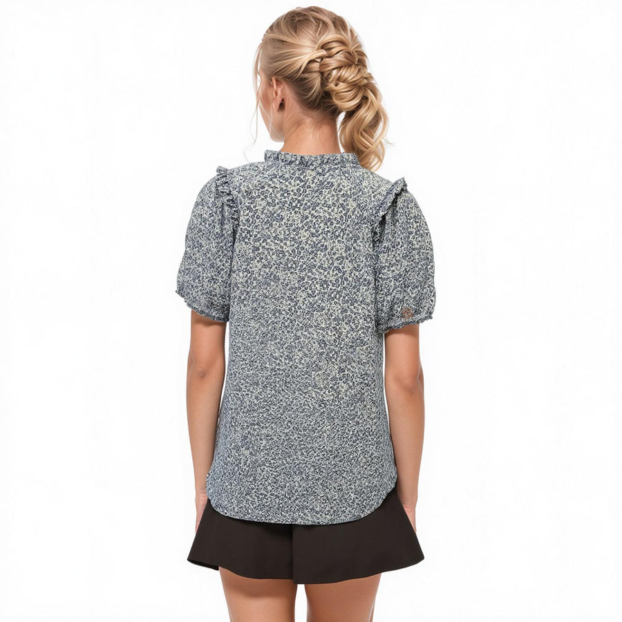 Pleione Ruffle Neck Puff Sleeve Top - shopatkonus