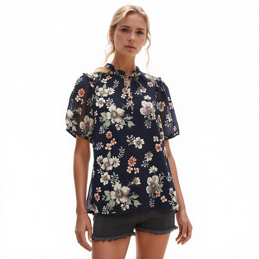 Pleione Ruffle Neck Puff Sleeve Top - shopatkonus