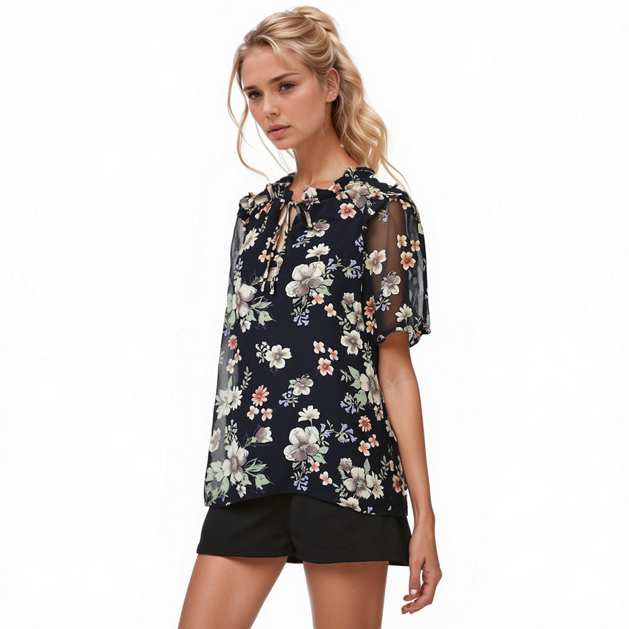 Pleione Ruffle Neck Puff Sleeve Top - shopatkonus