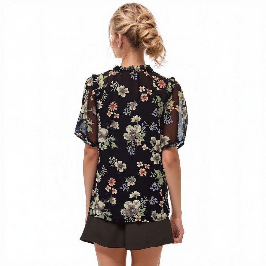 Pleione Ruffle Neck Puff Sleeve Top - shopatkonus