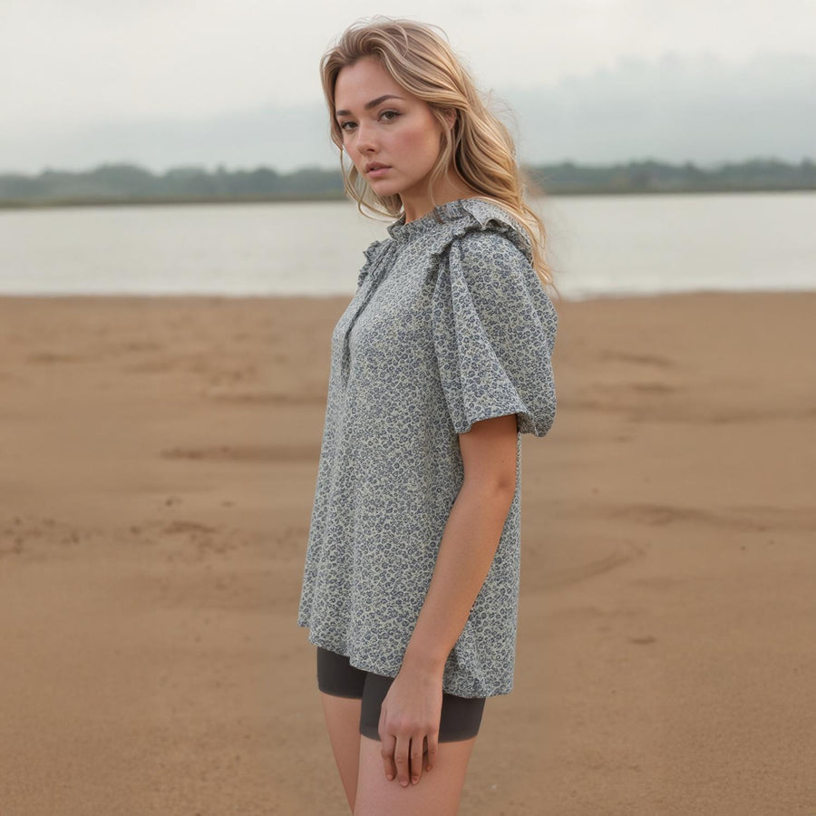 Pleione Ruffle Neck Puff Sleeve Top - shopatkonus