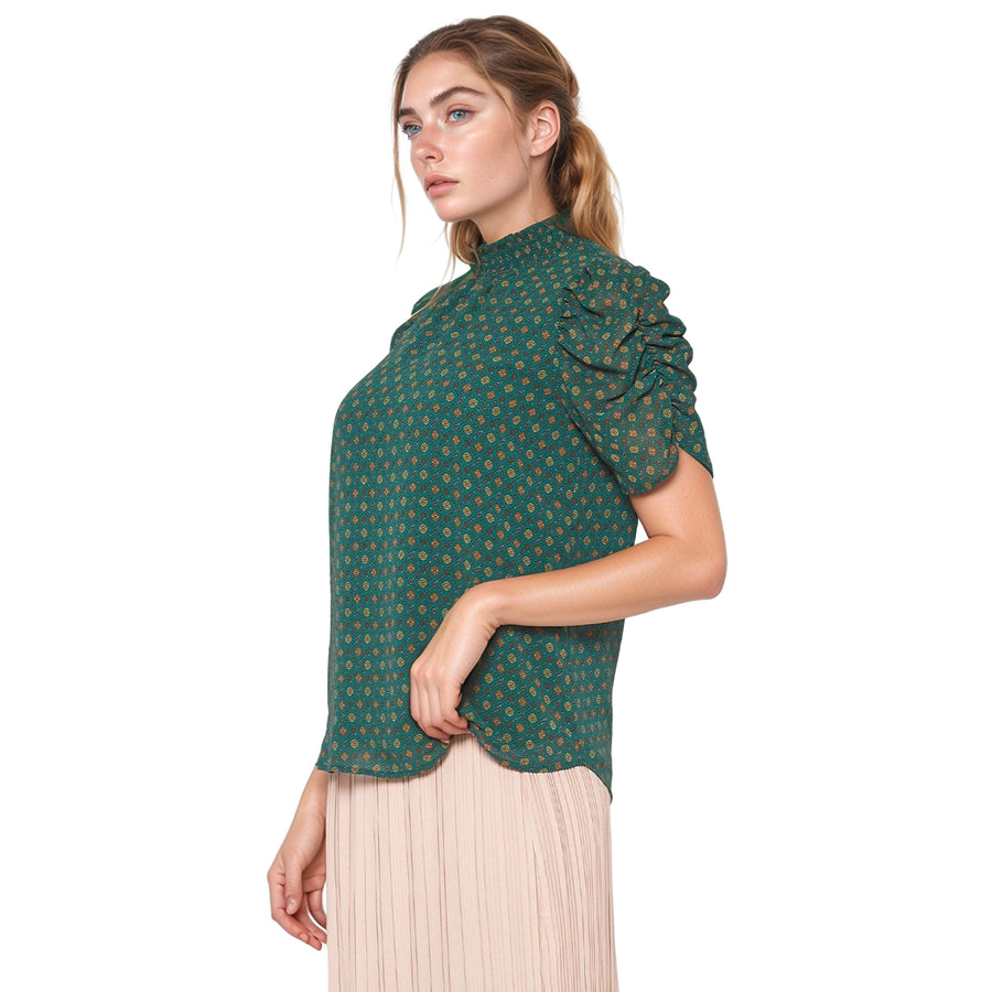 Pleione Women'Ruched Short Sleeve Smocked Mock Neck Top