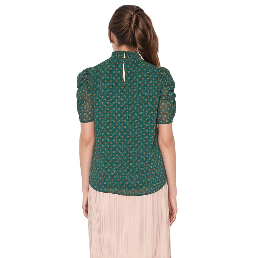 Pleione Women'Ruched Short Sleeve Smocked Mock Neck Top