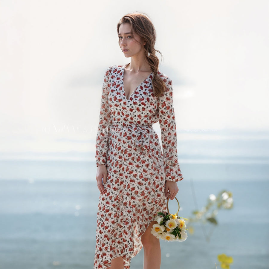 Women's Floral Asymmetrical Ruffle Hem Wrap Dress In Victoria Garden Women's Floral Asymmetrical Ruffle Hem Wrap Dress In Victoria Garden
