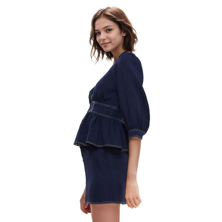 Women's Bishop Shoulder Button Front Peplum Top in Navy