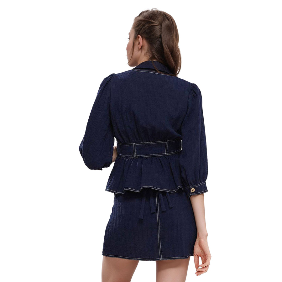 Women's Bishop Shoulder Button Front Peplum Top in Navy