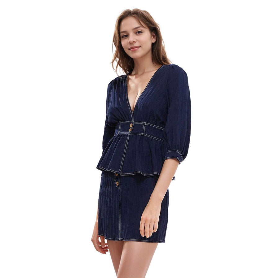 Women's Bishop Shoulder Button Front Peplum Top in Navy