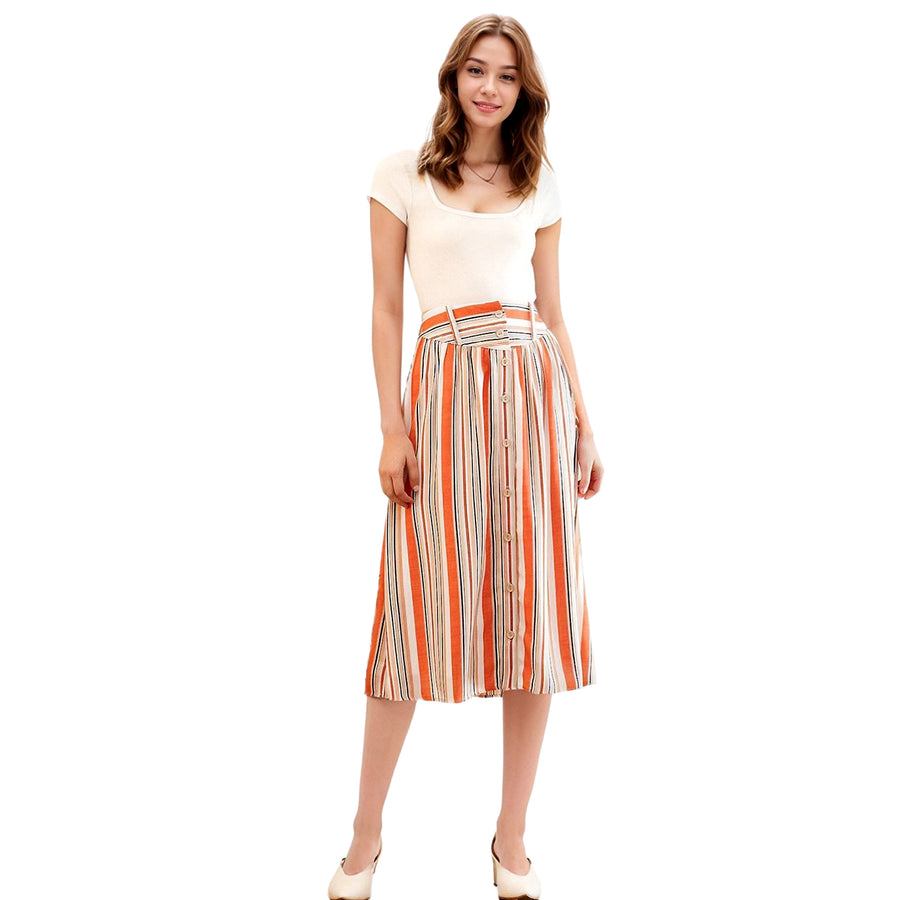 Women's Multi Stripe Button Front Midi Skirt