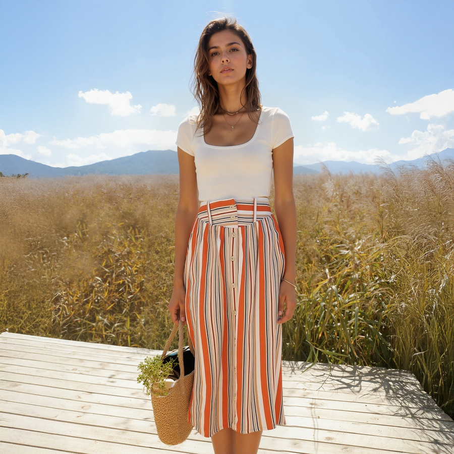 Women's Multi Stripe Button Front Midi Skirt
