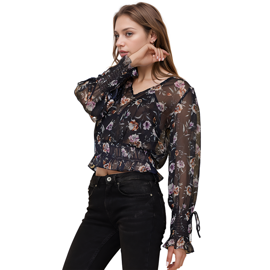 Women's Wax Flower Smocked Cuff Blouse In Navy