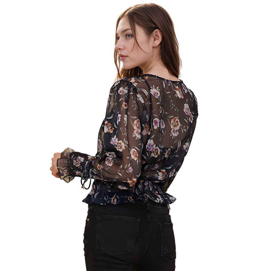 Women's Wax Flower Smocked Cuff Blouse In Navy