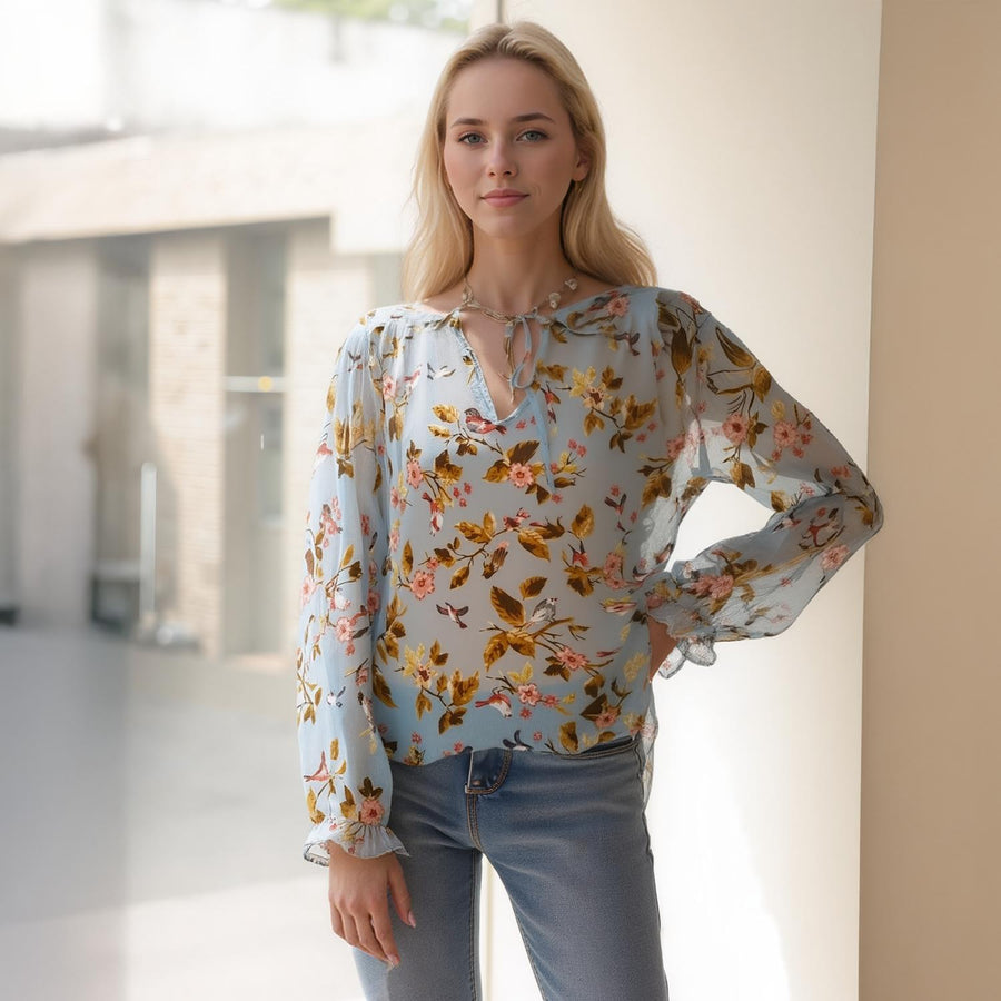 Pleione Ruffle Tie Neck Floral Blouse In Blue - shopatkonus