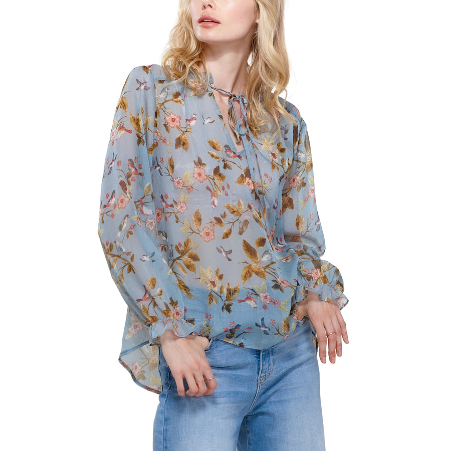 Pleione Ruffle Tie Neck Floral Blouse In Blue