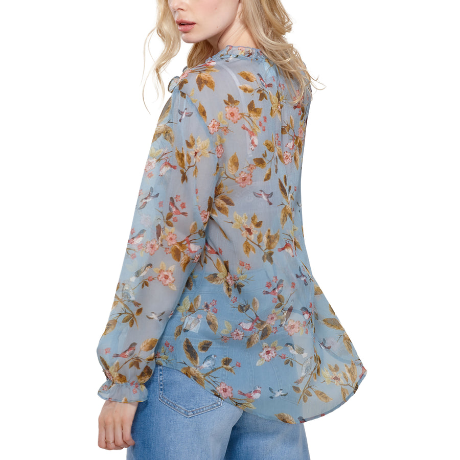 Pleione Ruffle Tie Neck Floral Blouse In Blue