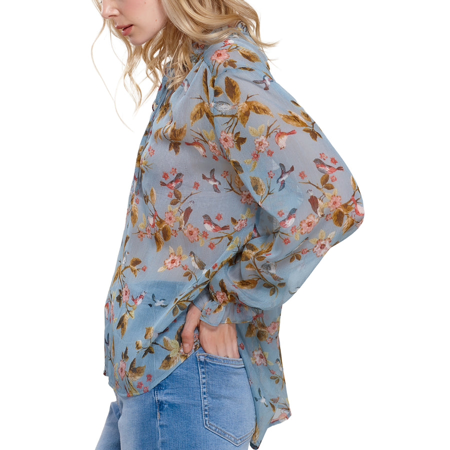 Pleione Ruffle Tie Neck Floral Blouse In Blue