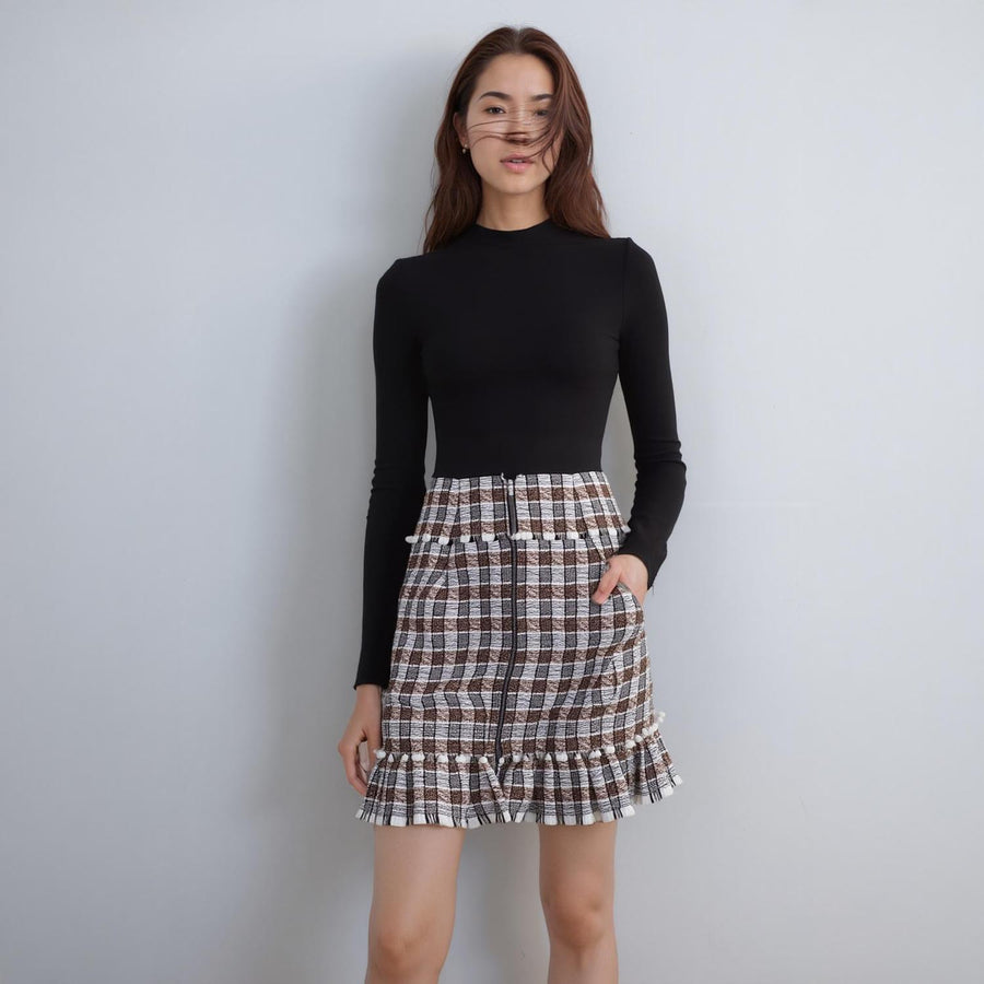 Pleione Women's Plaid Tweed Zipper Front Skirt in Black Red Tweed