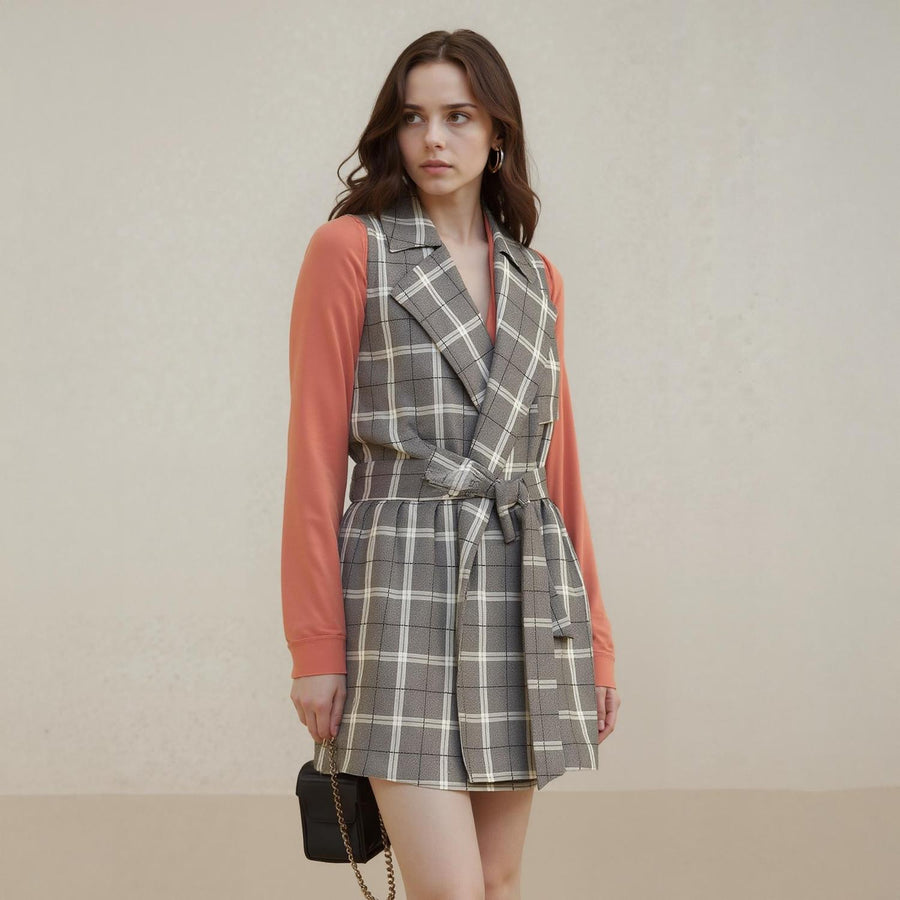 Pleione Women's Sleeveless Tie Waist Vest in Mocha Plaid