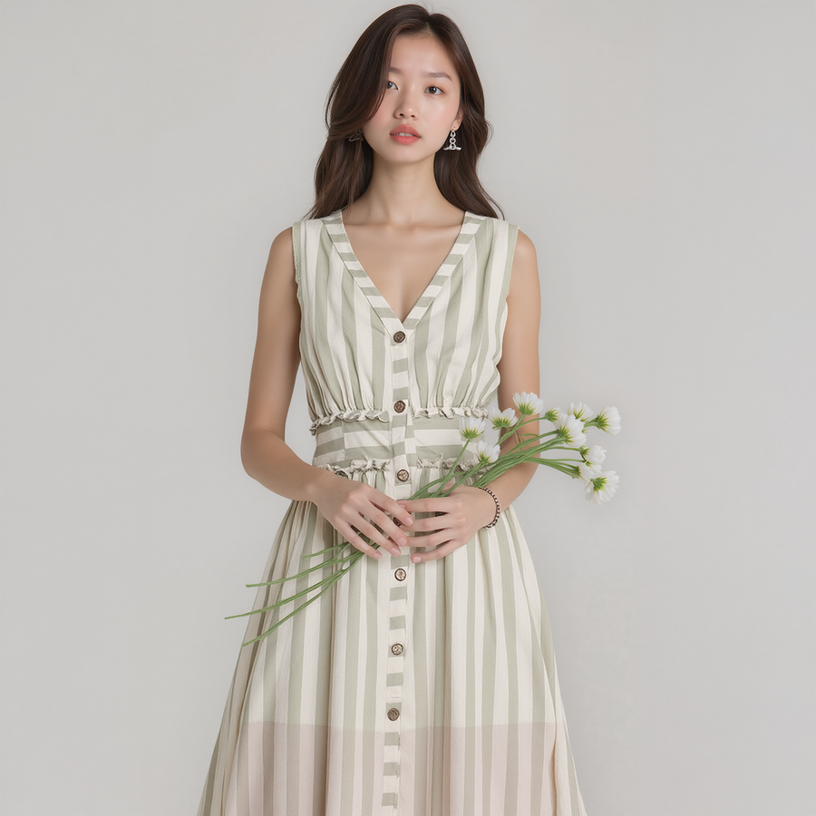 Women's Sleeveless Button Down Stripe Dress in Sage