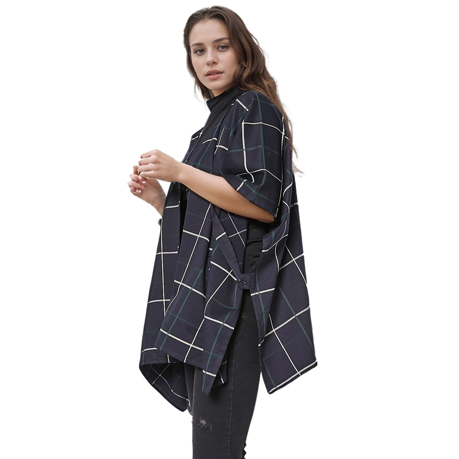 Pleione Women's Plaid Oversized Poncho Cardigan in Navy Plaid