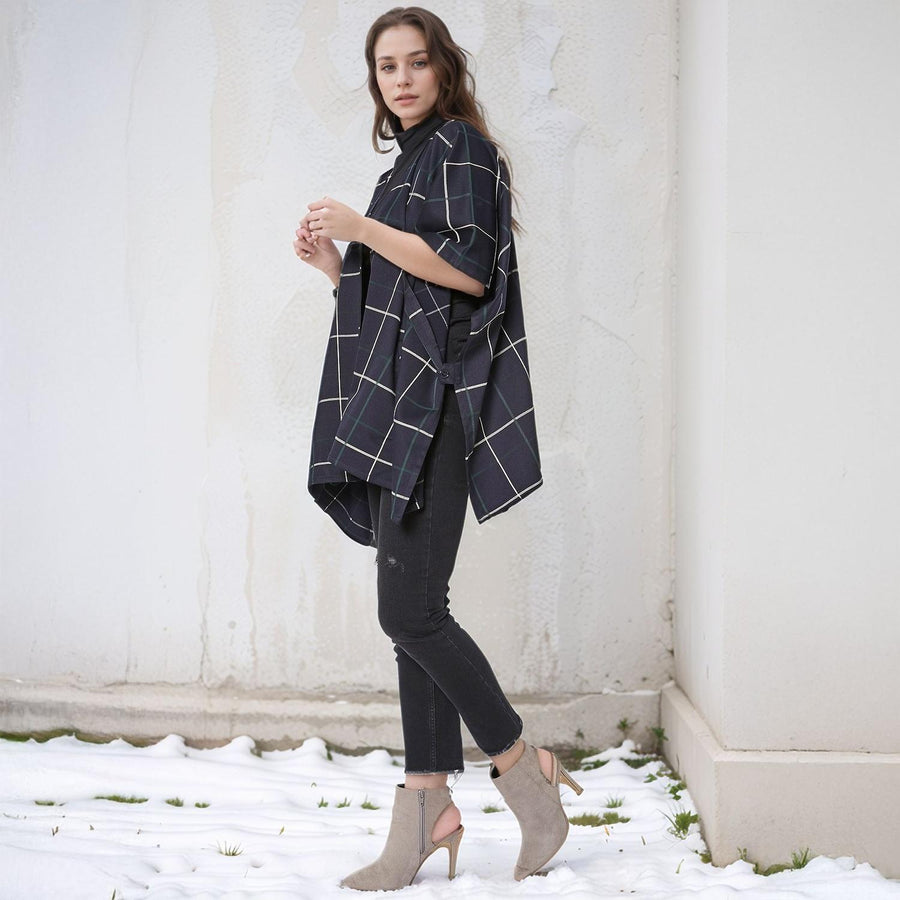 Pleione Women's Plaid Oversized Poncho Cardigan in Navy Plaid