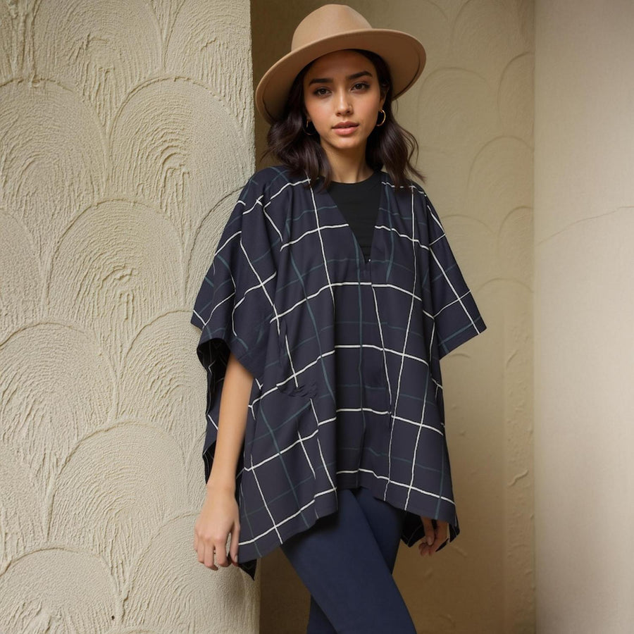 Pleione Women's Plaid Oversized Poncho Cardigan in Navy Plaid - shopatkonus
