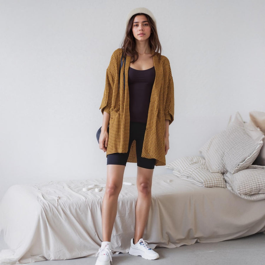 Pleione Gingham Kimono Cardigan in Mustard Checker